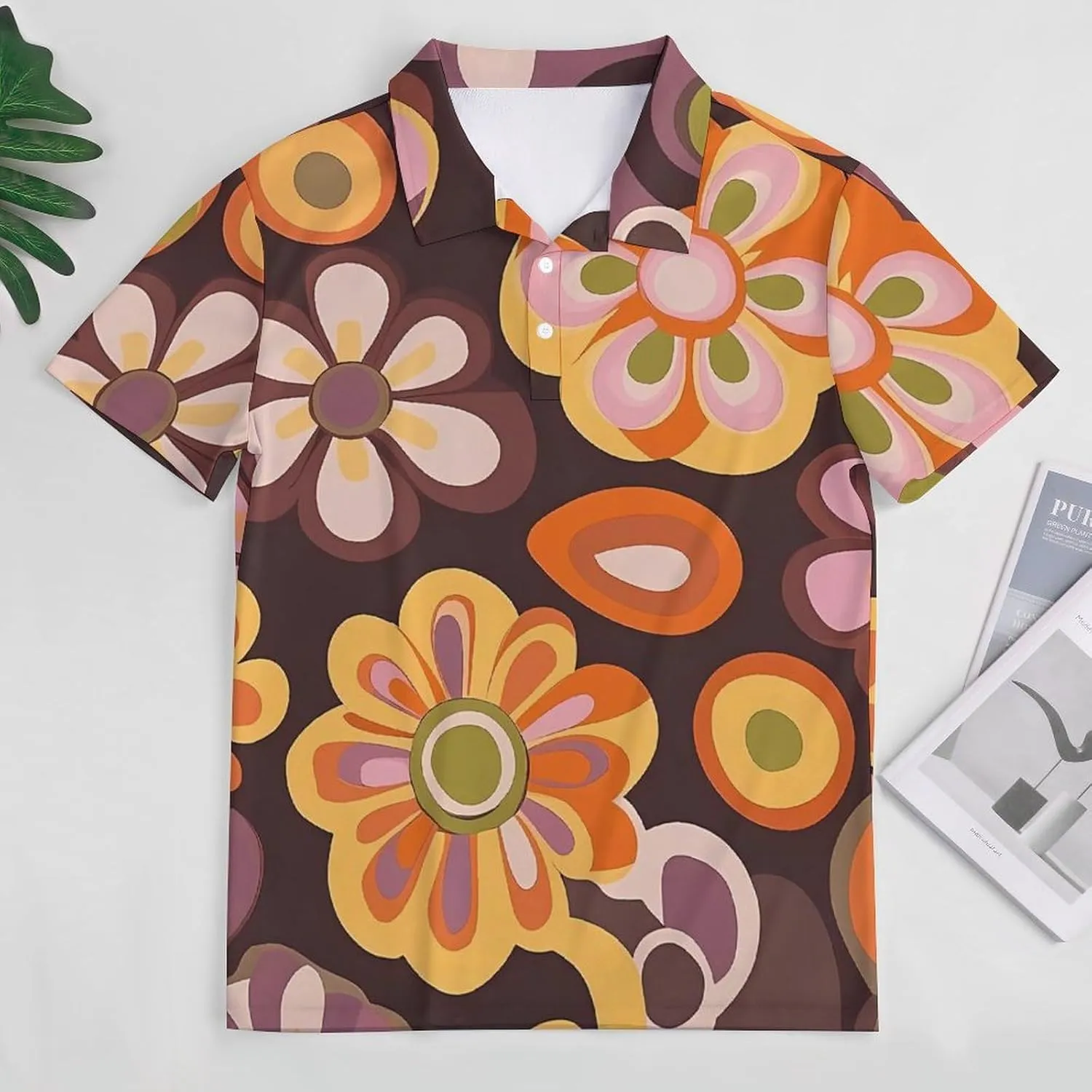 Vintage Groovy Flowers Pattern Mens Polo Shirts Quick Dry Short Sleeve T-shirts Slim Tennis Collared Tees Tops