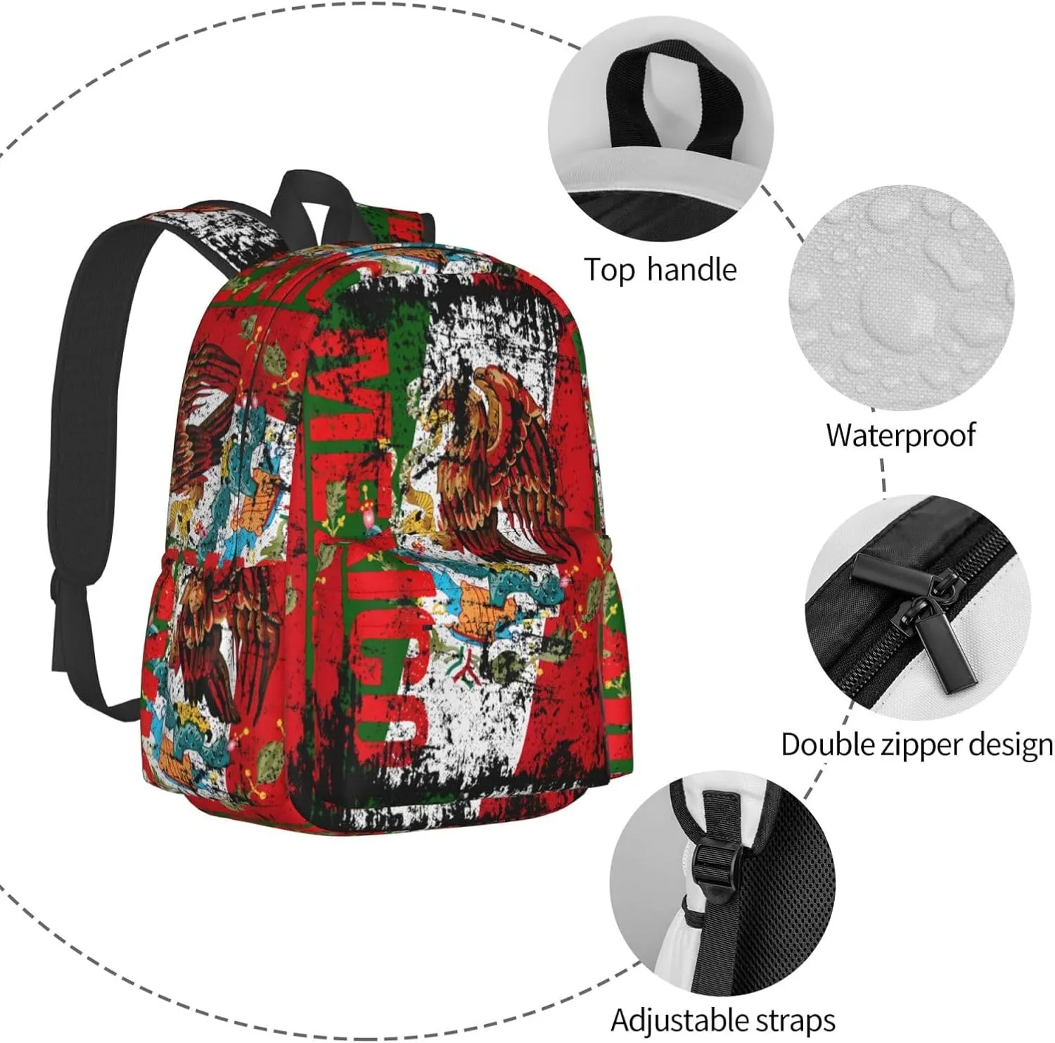Vintage Mexico Flag Laptop Commuter Backpack Shoulder Bag Casual Back Pack Daypack Bags With Side Pockets For Work Travel Daily Use