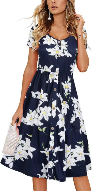 VOTEPRETTY Women's Short Sleeve V Neck Sundress Summer Casual Button Floral Dress with Pockets