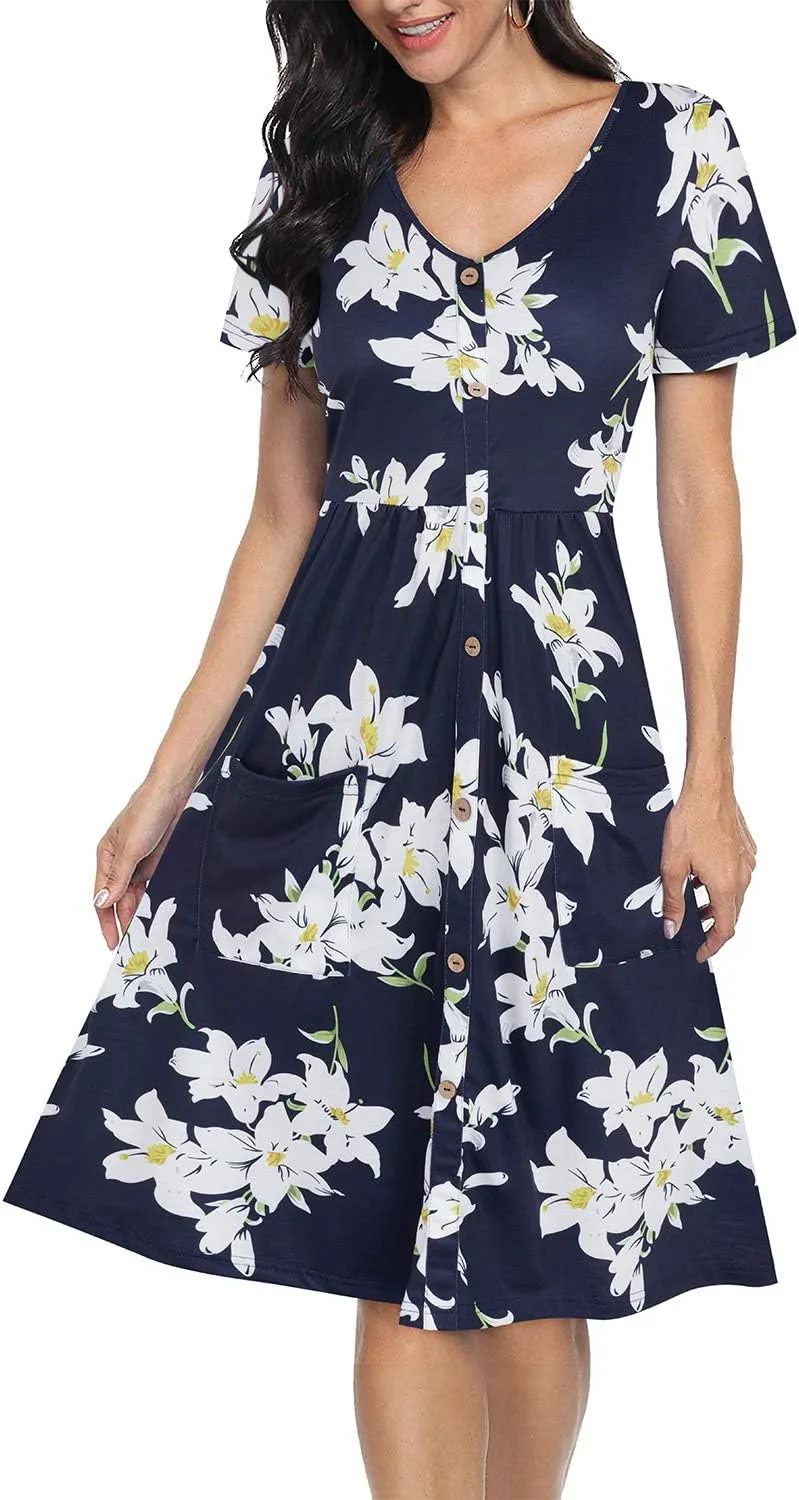 VOTEPRETTY Women's Short Sleeve V Neck Sundress Summer Casual Button Floral Dress with Pockets