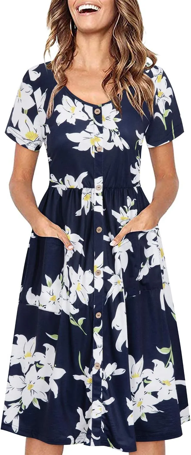 VOTEPRETTY Women's Short Sleeve V Neck Sundress Summer Casual Button Floral Dress with Pockets