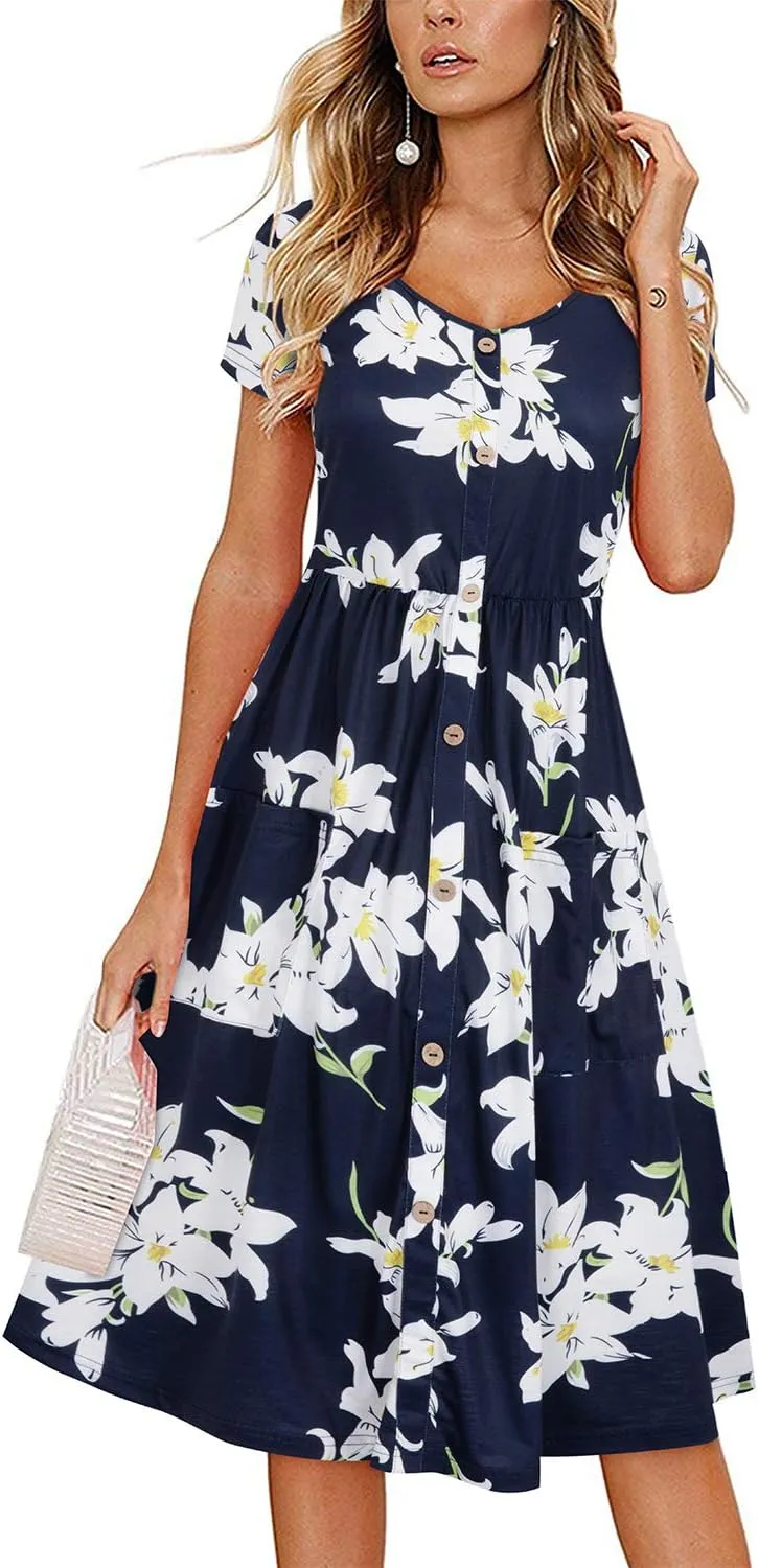 VOTEPRETTY Women's Short Sleeve V Neck Sundress Summer Casual Button Floral Dress with Pockets