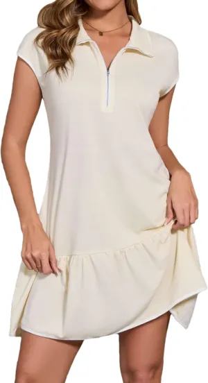 Wanzetaly Women's Casual Summer Mini Dresses Colorblock Cap Sleeve Half Zip Athletic Tennis Dress