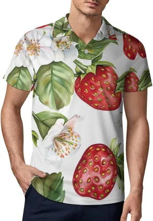 Watercolor Strawberries And Flowers Classic Polo Shirts for Men Quick Dry Short Sleeve Fit Golf Tees Casual Tops