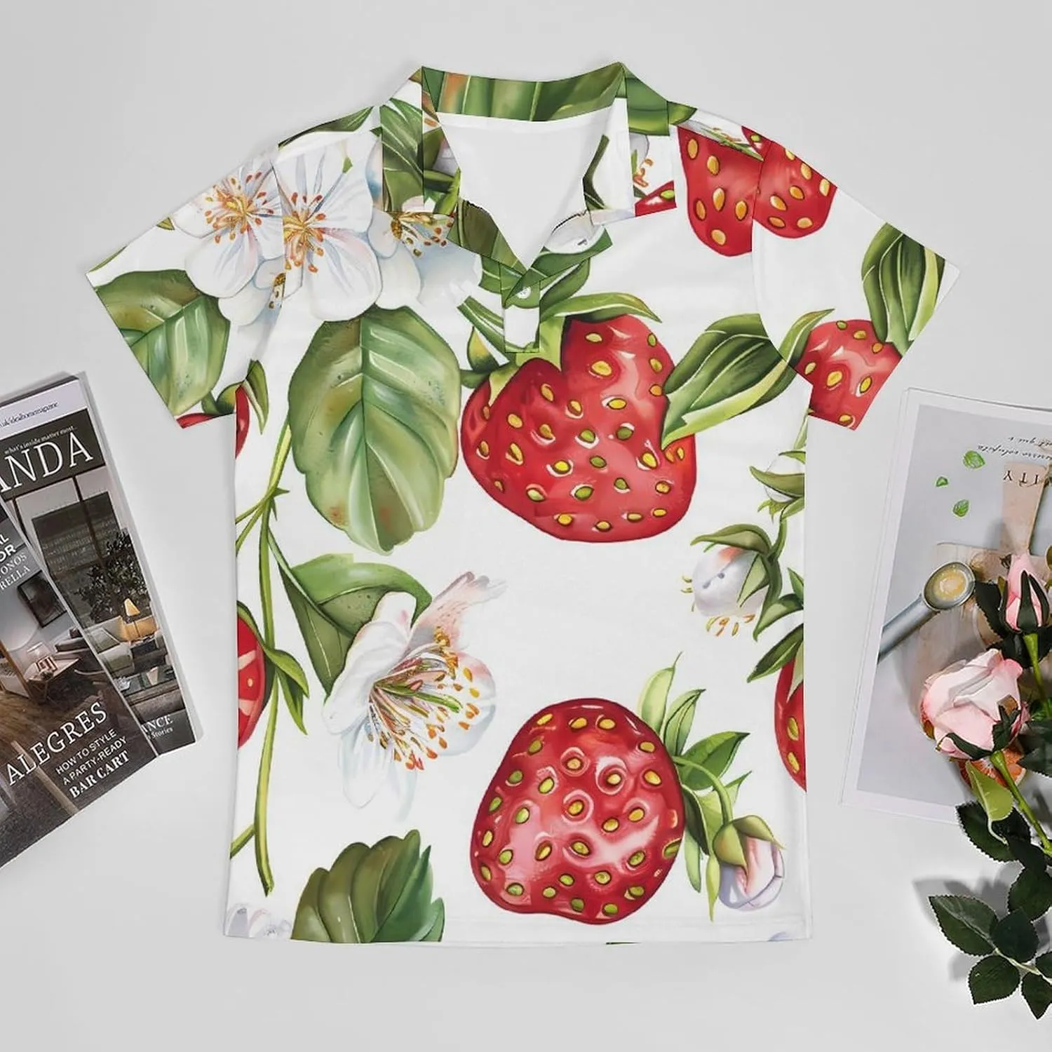 Watercolor Strawberries And Flowers Classic Polo Shirts for Men Quick Dry Short Sleeve Fit Golf Tees Casual Tops