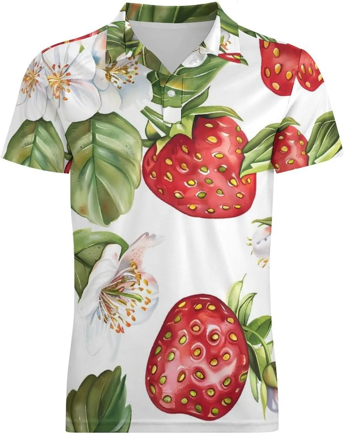 Watercolor Strawberries And Flowers Classic Polo Shirts for Men Quick Dry Short Sleeve Fit Golf Tees Casual Tops
