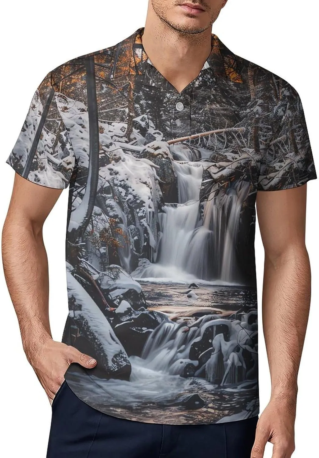 Waterfall Rime Winter Woods Mountains Classic Polo Shirts for Men Quick Dry Short Sleeve Fit Golf Tees Casual Tops
