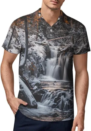Waterfall Rime Winter Woods Mountains Classic Polo Shirts for Men Quick Dry Short Sleeve Fit Golf Tees Casual Tops
