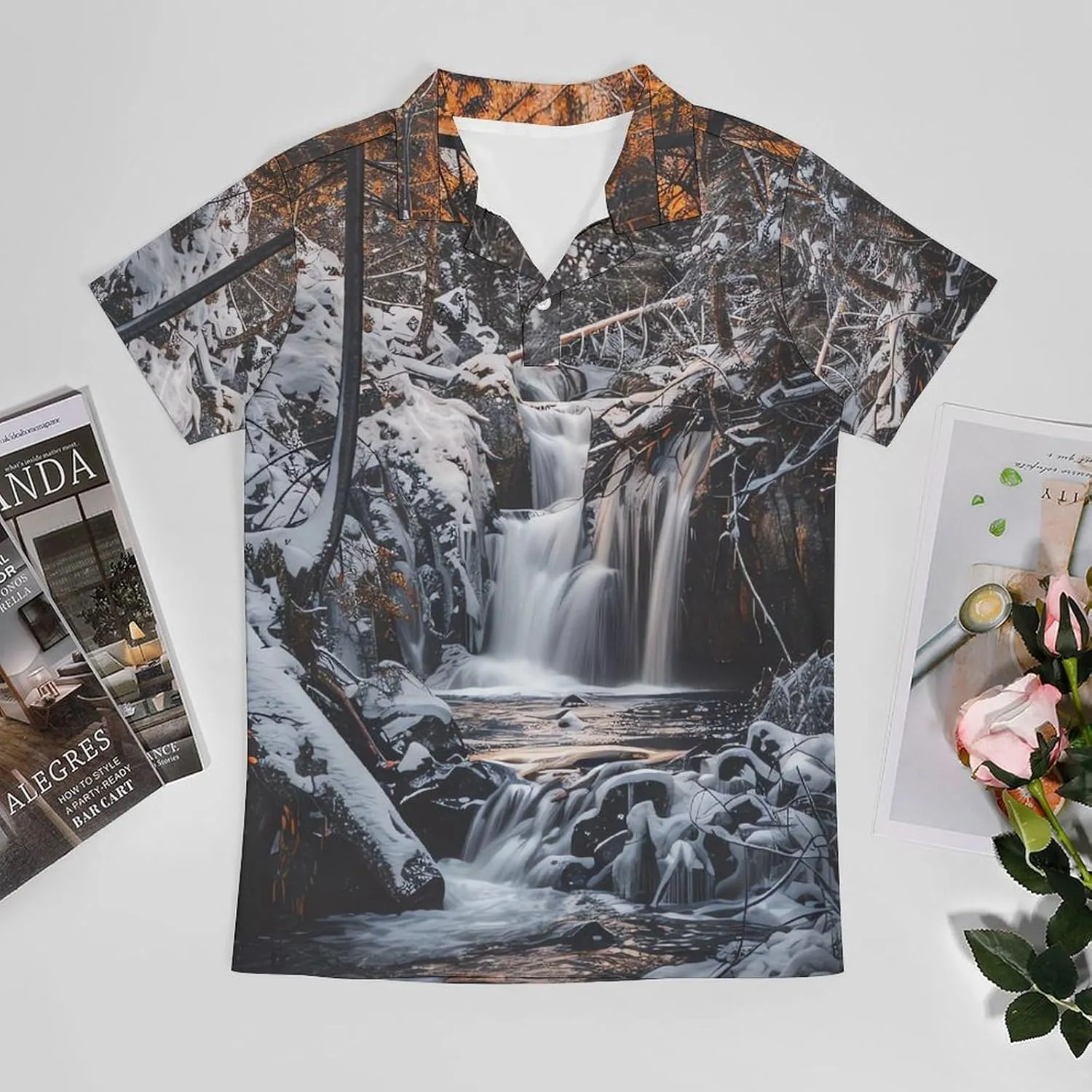 Waterfall Rime Winter Woods Mountains Classic Polo Shirts for Men Quick Dry Short Sleeve Fit Golf Tees Casual Tops
