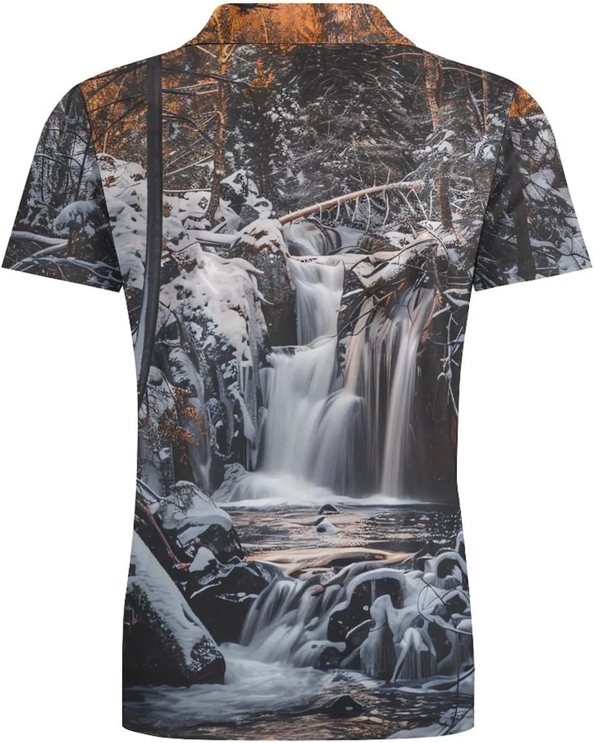 Waterfall Rime Winter Woods Mountains Classic Polo Shirts for Men Quick Dry Short Sleeve Fit Golf Tees Casual Tops