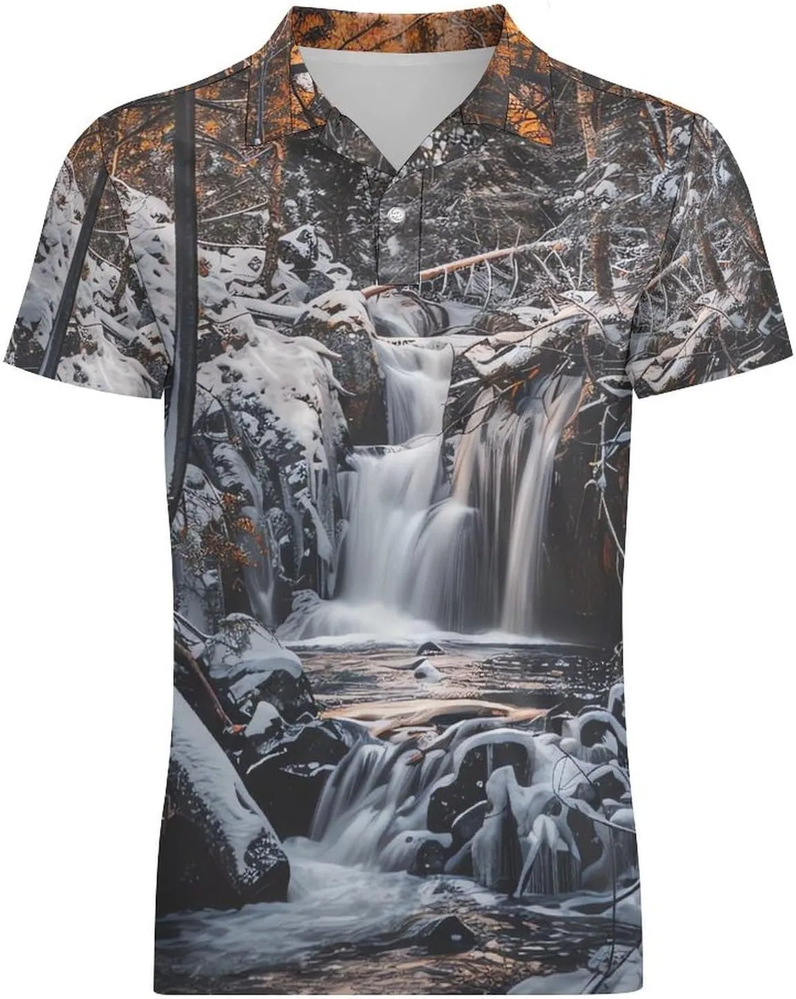 Waterfall Rime Winter Woods Mountains Classic Polo Shirts for Men Quick Dry Short Sleeve Fit Golf Tees Casual Tops