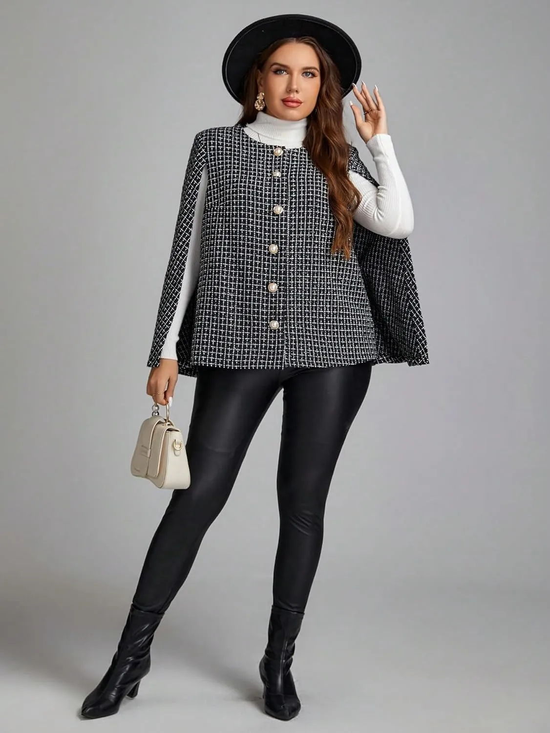 WDIRARA Women's Plus Size Plaid Printed Cloak Long Sleeve Button Front Casual Tweed Jackets without Belt
