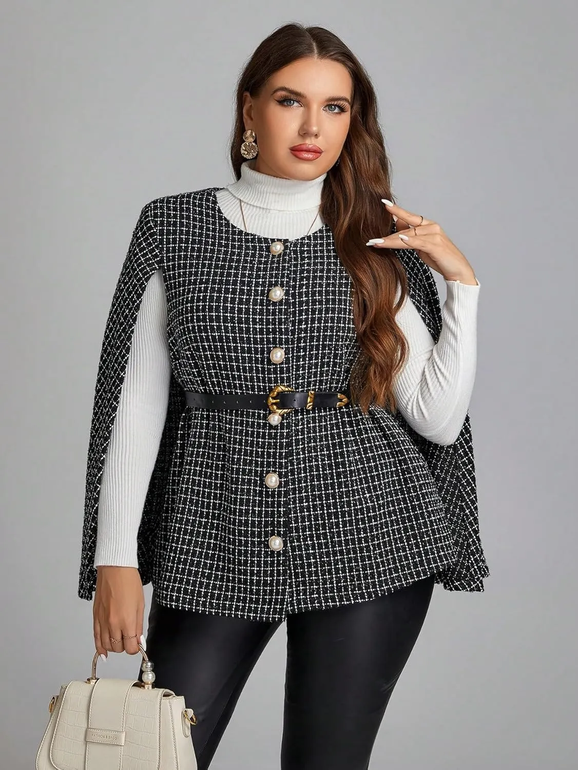 WDIRARA Women's Plus Size Plaid Printed Cloak Long Sleeve Button Front Casual Tweed Jackets without Belt