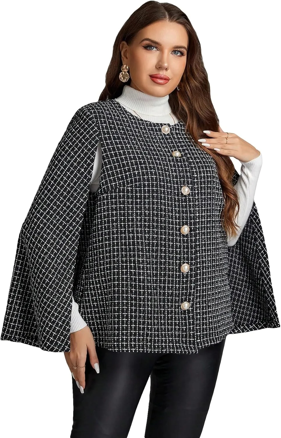 WDIRARA Women's Plus Size Plaid Printed Cloak Long Sleeve Button Front Casual Tweed Jackets without Belt