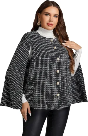 WDIRARA Women's Plus Size Plaid Printed Cloak Long Sleeve Button Front Casual Tweed Jackets without Belt