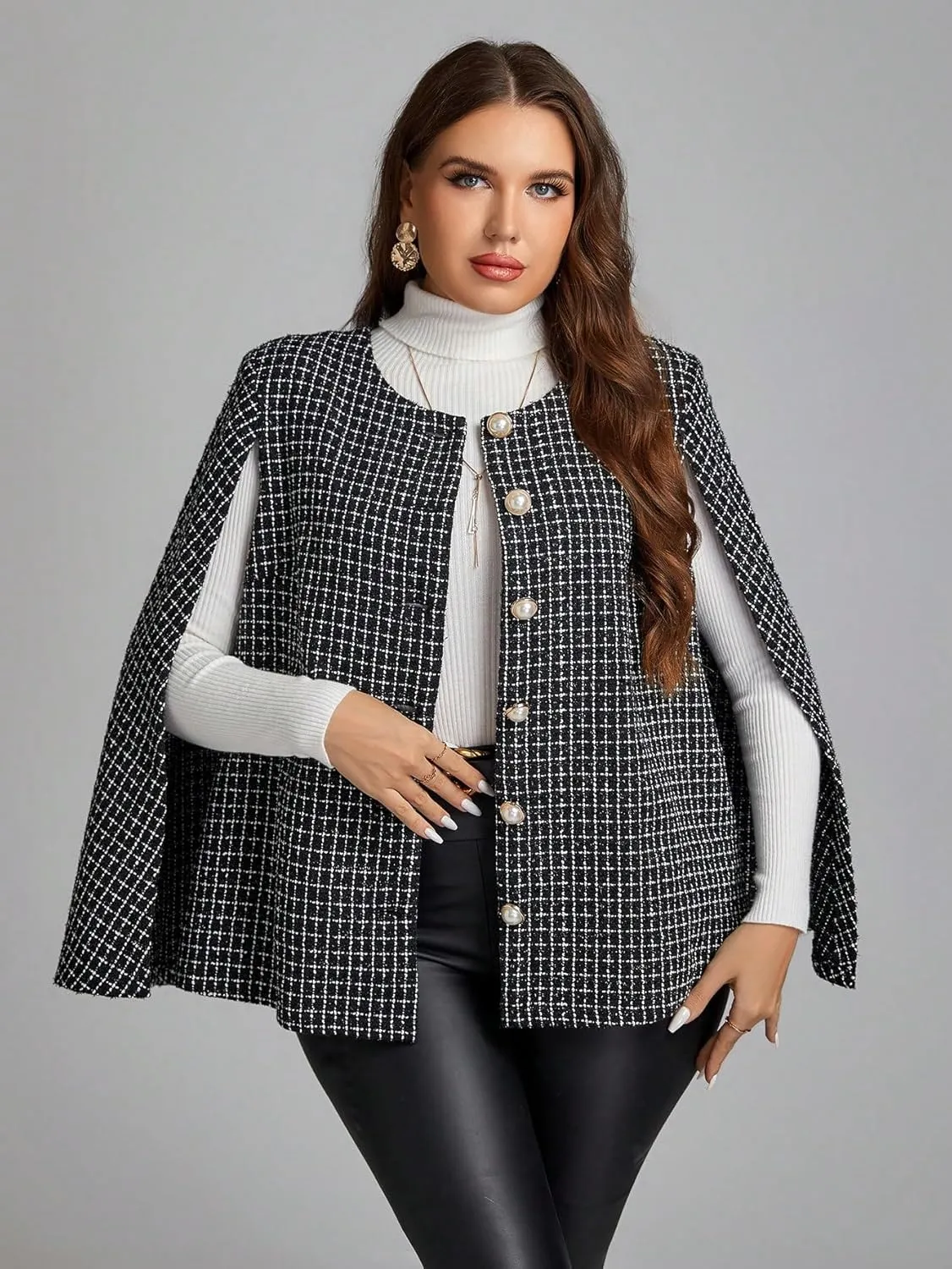 WDIRARA Women's Plus Size Plaid Printed Cloak Long Sleeve Button Front Casual Tweed Jackets without Belt