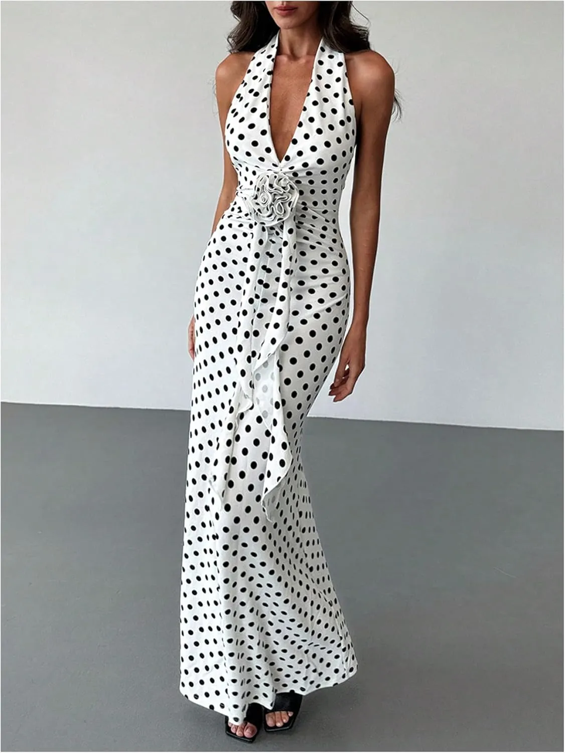 WDIRARA Women's Polka Dots Halter Dress High Split Deep V Neck Backless Bodycon Maxi 3D Flower Dresses