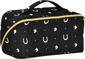 White Horse Saddle Black Travel Makeup Bag Cosmetic Bags for Women Portable Make Up Organizer Case Open Flat Toiletry Bag with Handle
