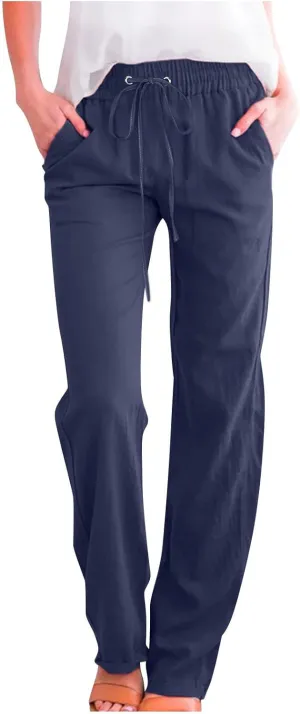Wide Leg Pants Woman Cotton Linen Summer Pants Straight Leg Elastic Waist Trousers High Waisted Drawstring Pant 2025