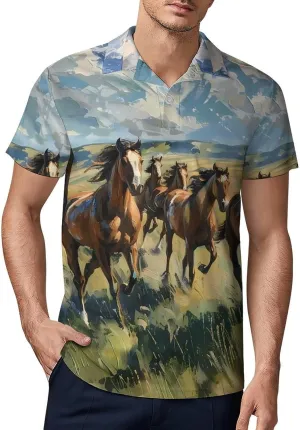 Wild Horses Galloping Classic Polo Shirts for Men Quick Dry Short Sleeve Fit Golf Tees Casual Tops