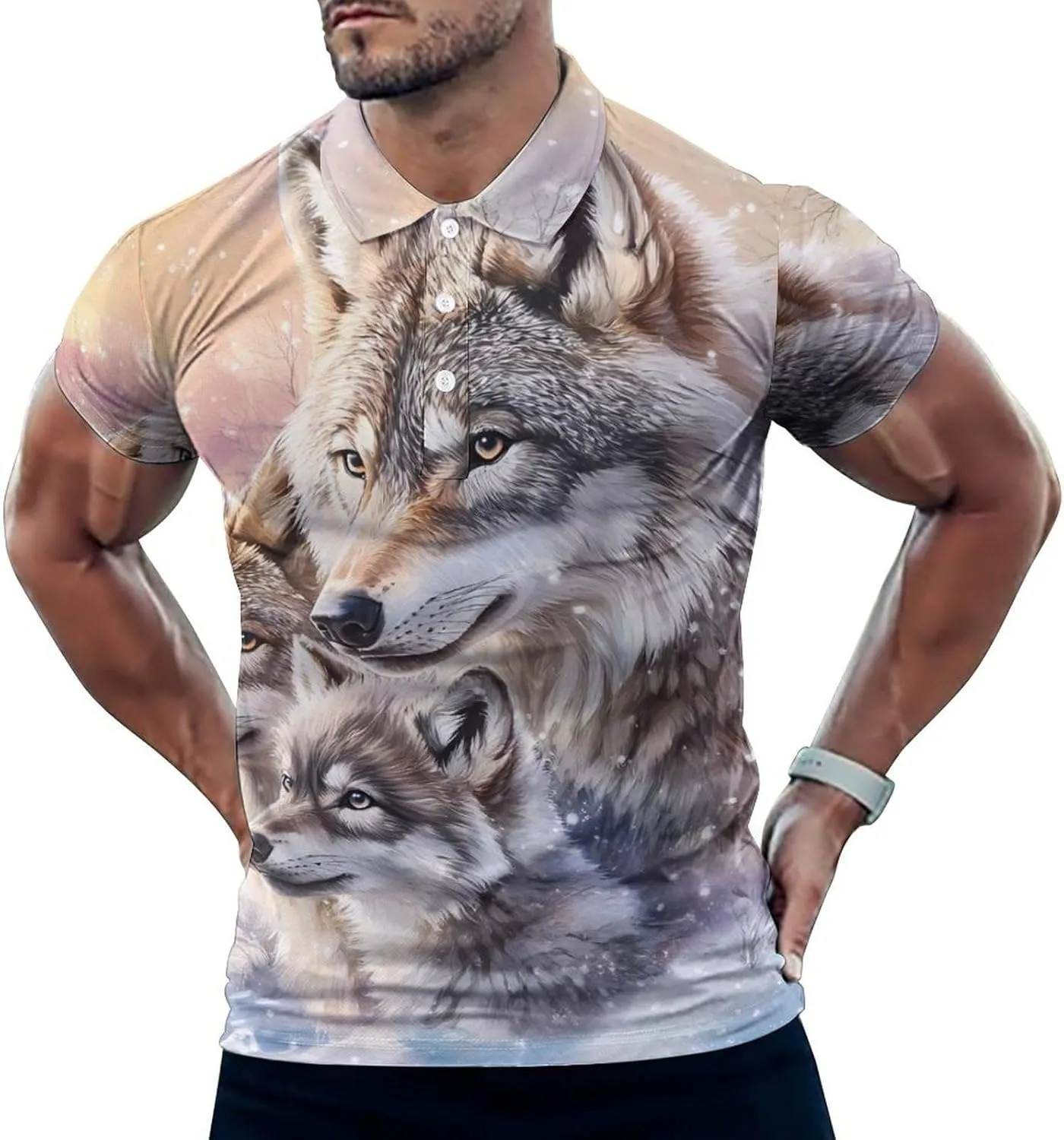 Wolf Warm Winter Snow Mens Polo Shirts Quick Dry Short Sleeve T-shirts Slim Tennis Collared Tees Tops