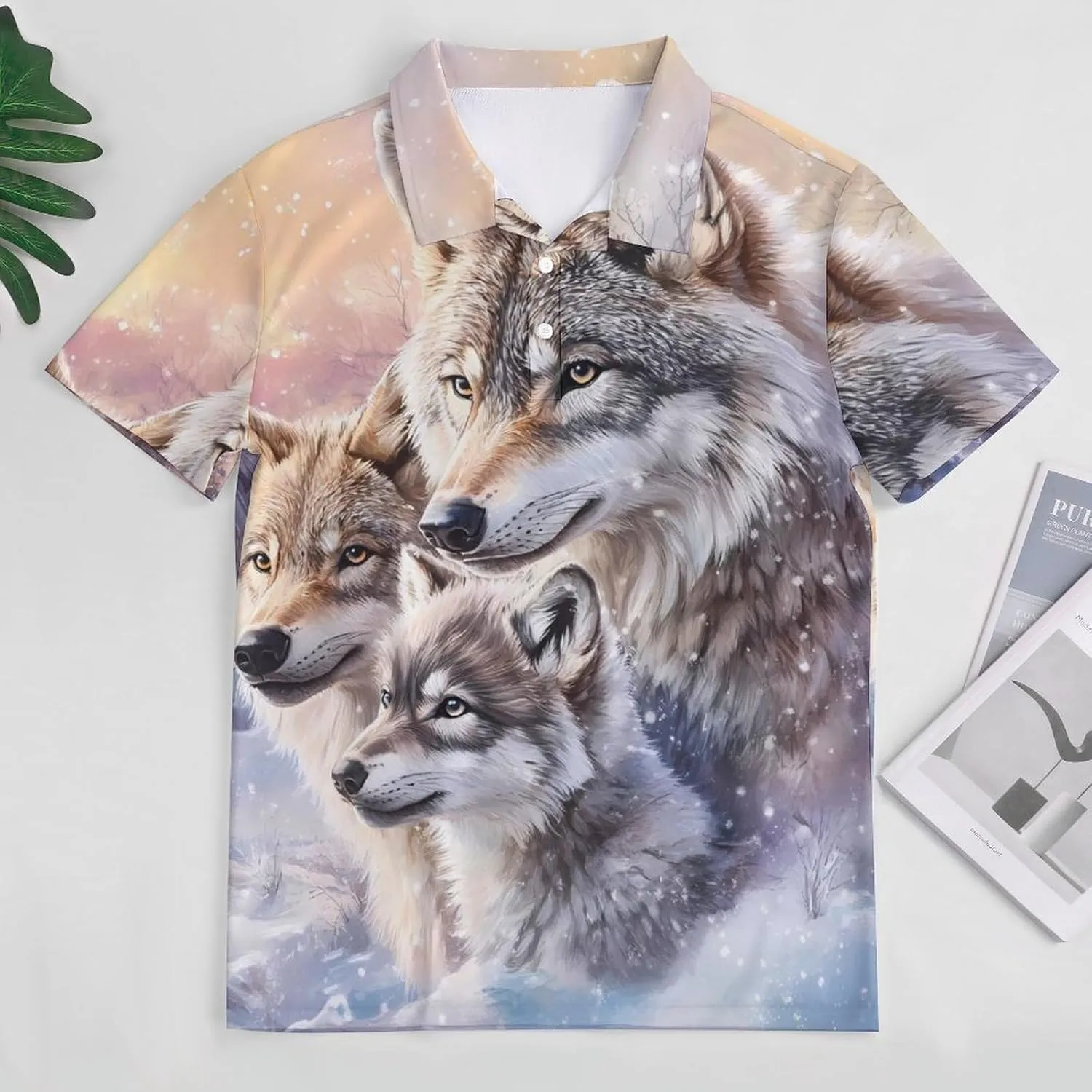 Wolf Warm Winter Snow Mens Polo Shirts Quick Dry Short Sleeve T-shirts Slim Tennis Collared Tees Tops