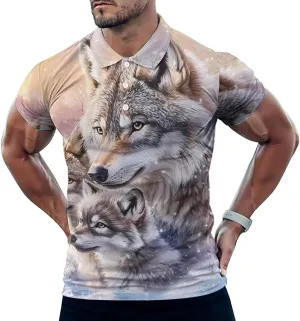 Wolf Warm Winter Snow Mens Polo Shirts Quick Dry Short Sleeve T-shirts Slim Tennis Collared Tees Tops