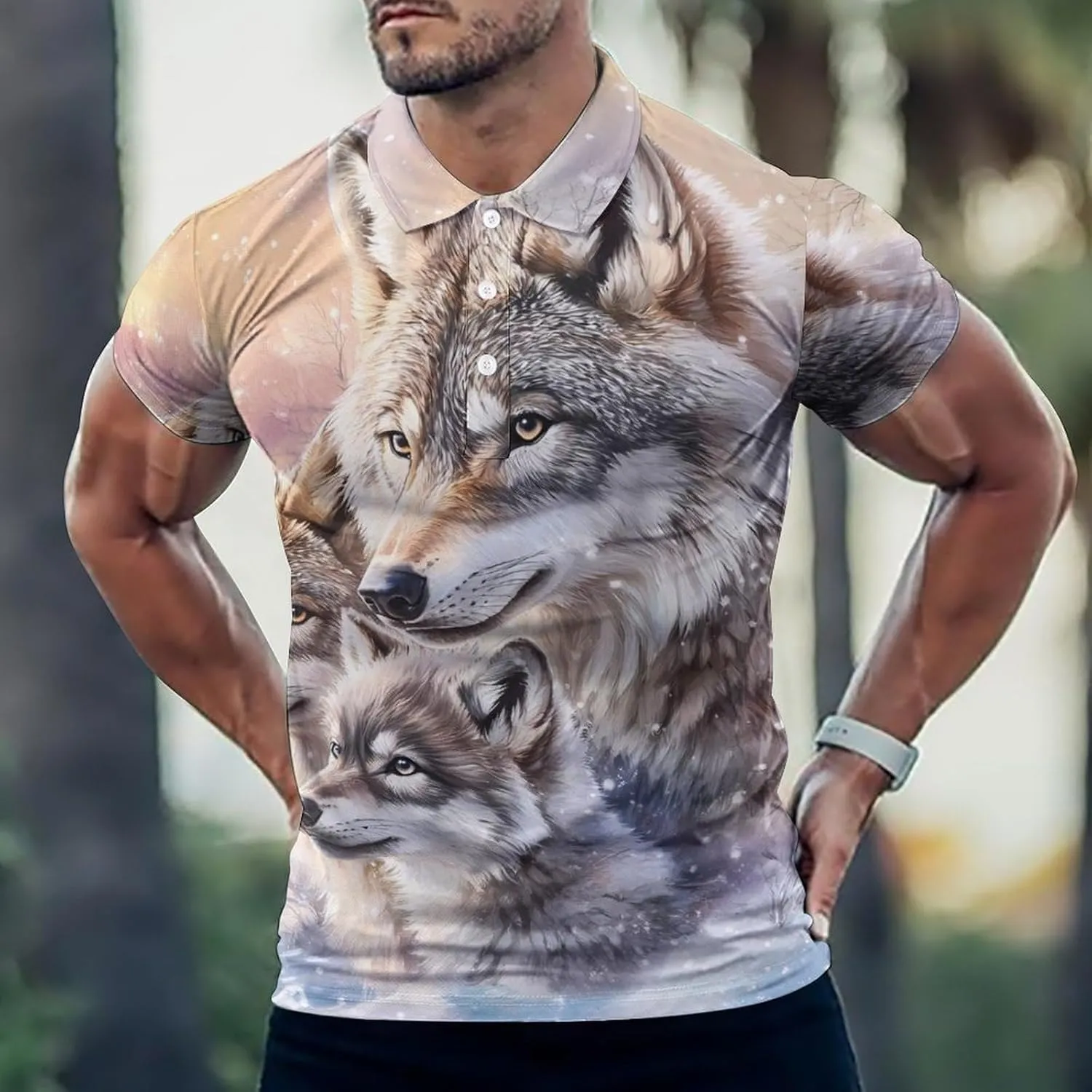 Wolf Warm Winter Snow Mens Polo Shirts Quick Dry Short Sleeve T-shirts Slim Tennis Collared Tees Tops