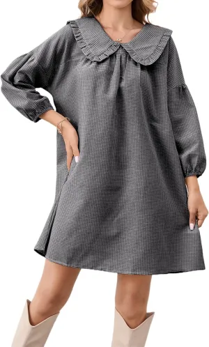 Women Babydoll Plaid Dress 3/4 Puff Sleeve Mini Dress Ruffle Collar Gingham Dress Loose Y2K Short Dress Cute Dresses