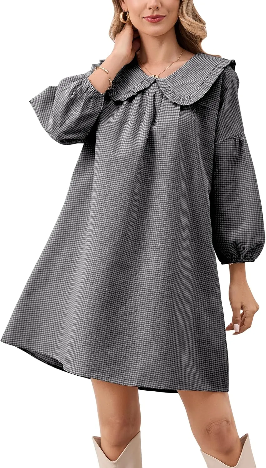 Women Babydoll Plaid Dress 3/4 Puff Sleeve Mini Dress Ruffle Collar Gingham Dress Loose Y2K Short Dress Cute Dresses