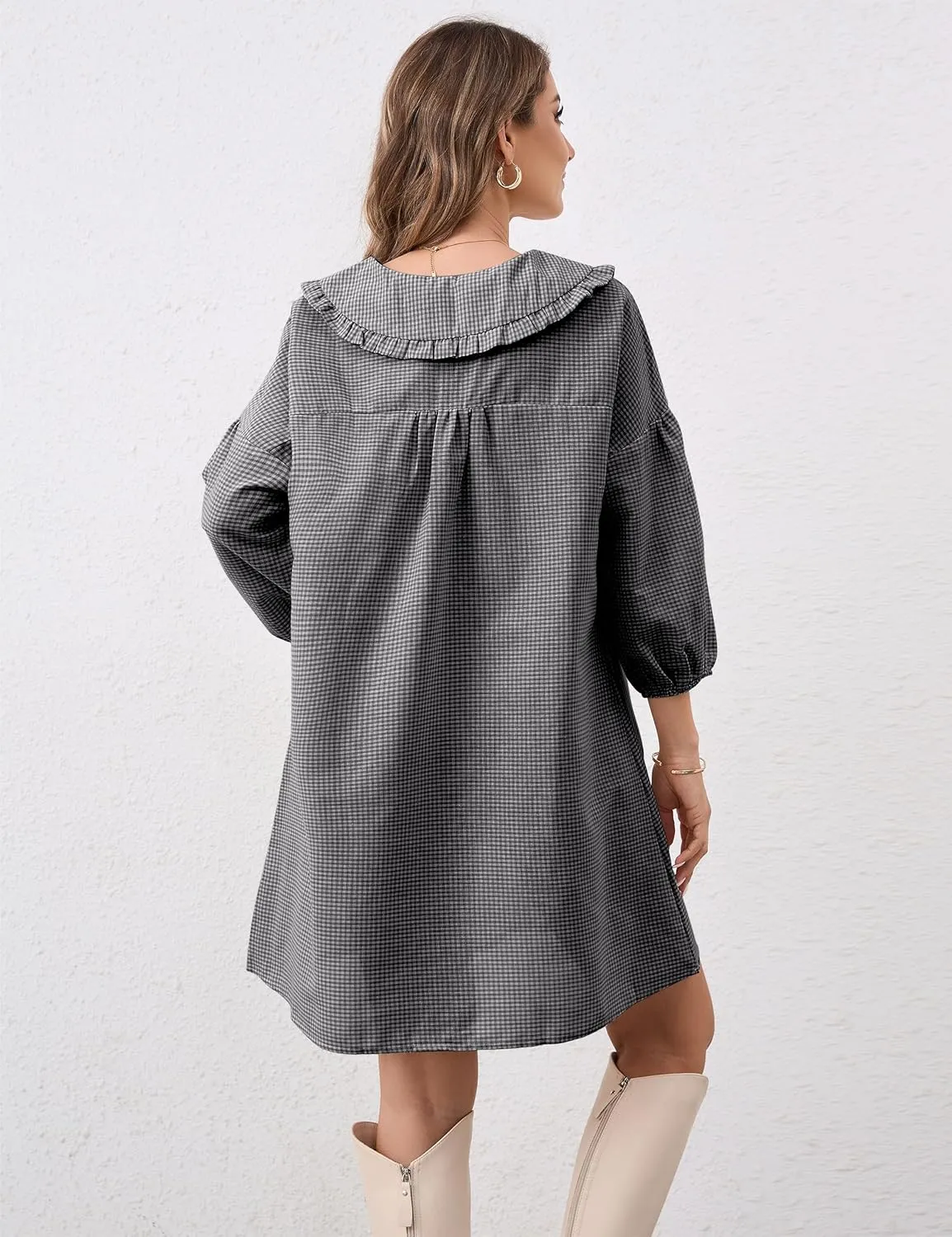 Women Babydoll Plaid Dress 3/4 Puff Sleeve Mini Dress Ruffle Collar Gingham Dress Loose Y2K Short Dress Cute Dresses