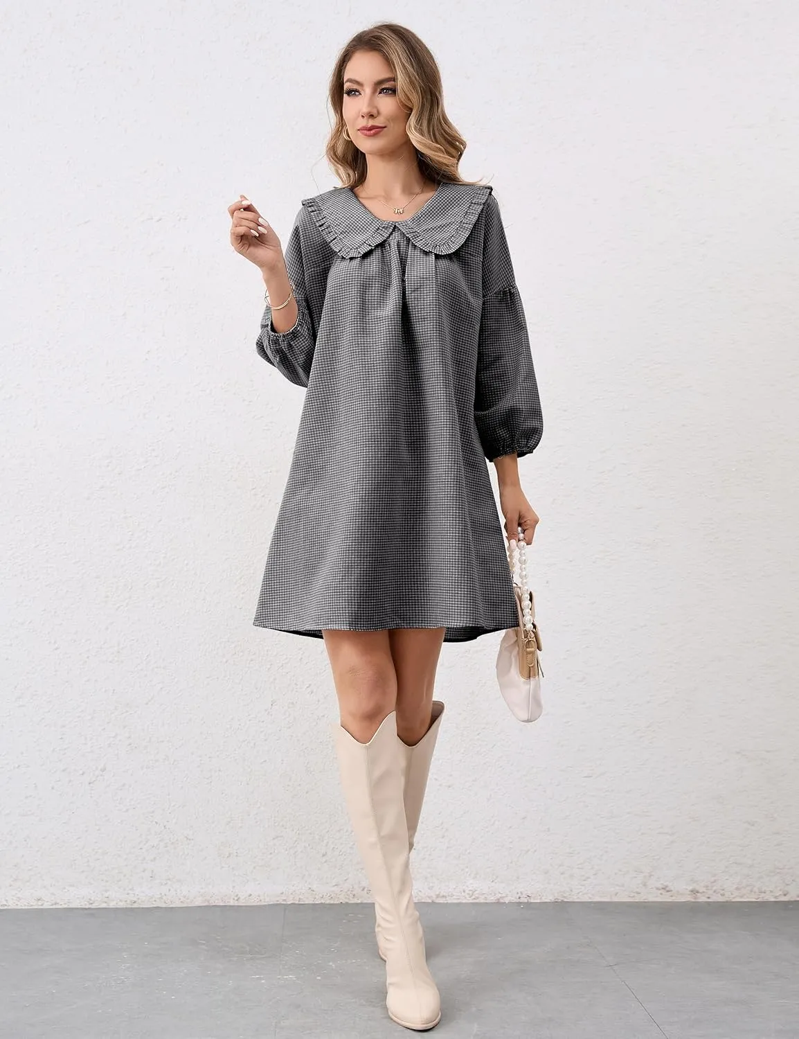 Women Babydoll Plaid Dress 3/4 Puff Sleeve Mini Dress Ruffle Collar Gingham Dress Loose Y2K Short Dress Cute Dresses