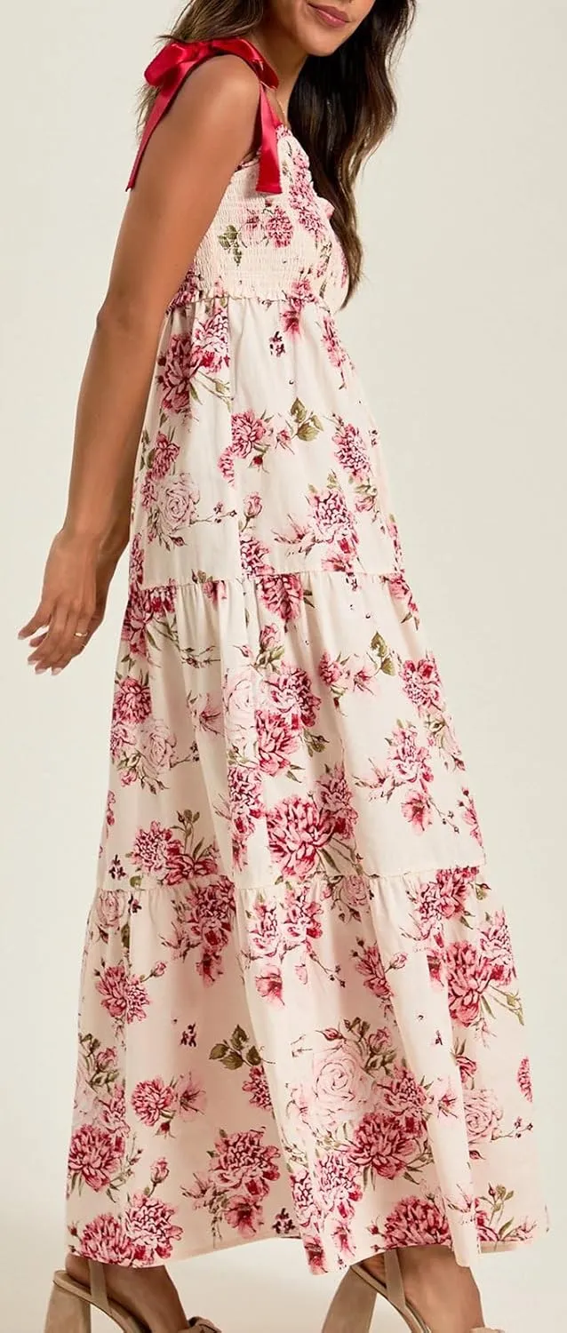 Women Bow Tie Shoulder Boho Maxi Dress Y2k Sleeveless Floral Flowy Long Dresses Smocked Swing Summer Beach Sundress