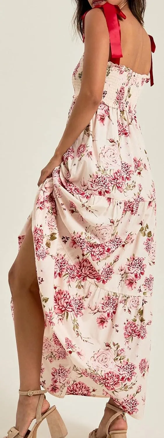 Women Bow Tie Shoulder Boho Maxi Dress Y2k Sleeveless Floral Flowy Long Dresses Smocked Swing Summer Beach Sundress