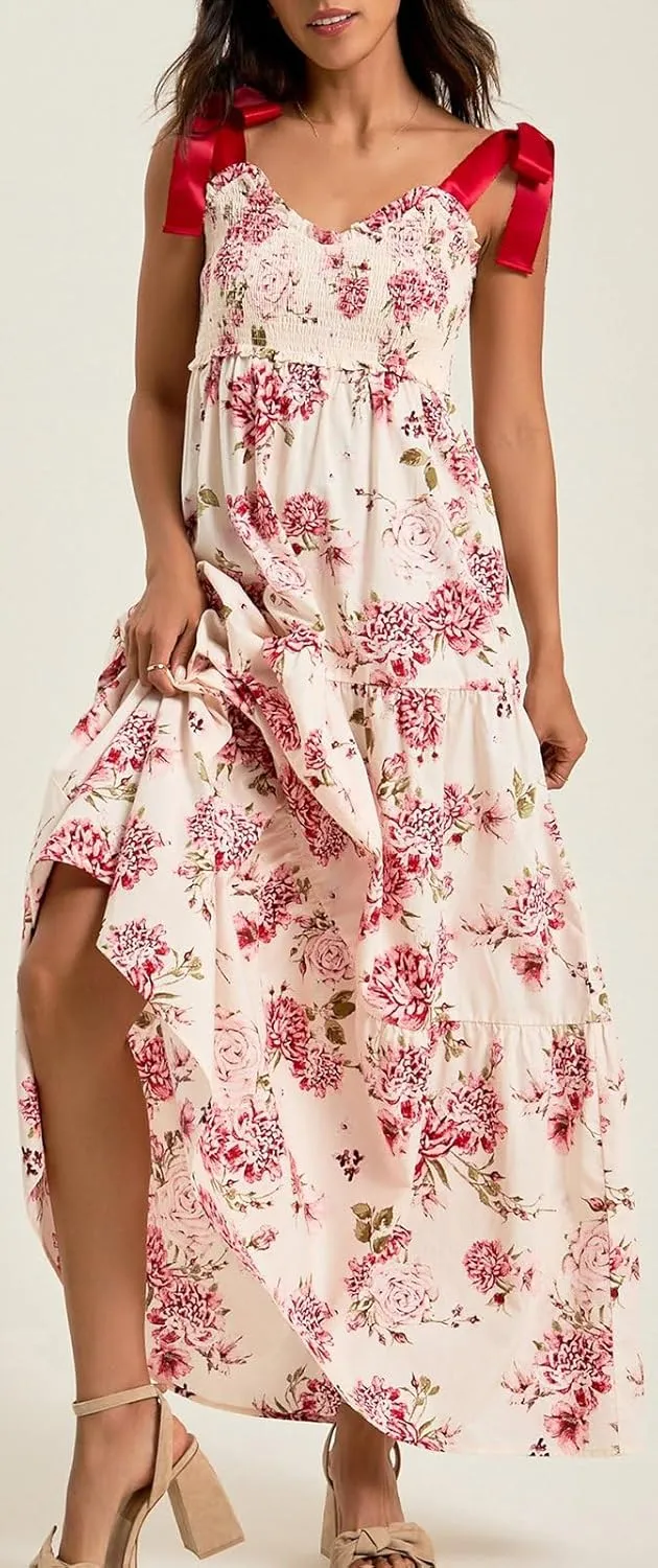 Women Bow Tie Shoulder Boho Maxi Dress Y2k Sleeveless Floral Flowy Long Dresses Smocked Swing Summer Beach Sundress