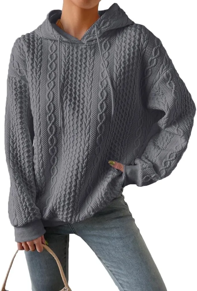 Women Cable Textured Drawstring Thermal Hoodies Casual Drop Shoulder Long Sleeve Solid Pullover Oversized Hooded