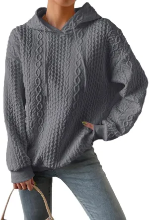Women Cable Textured Drawstring Thermal Hoodies Casual Drop Shoulder Long Sleeve Solid Pullover Oversized Hooded