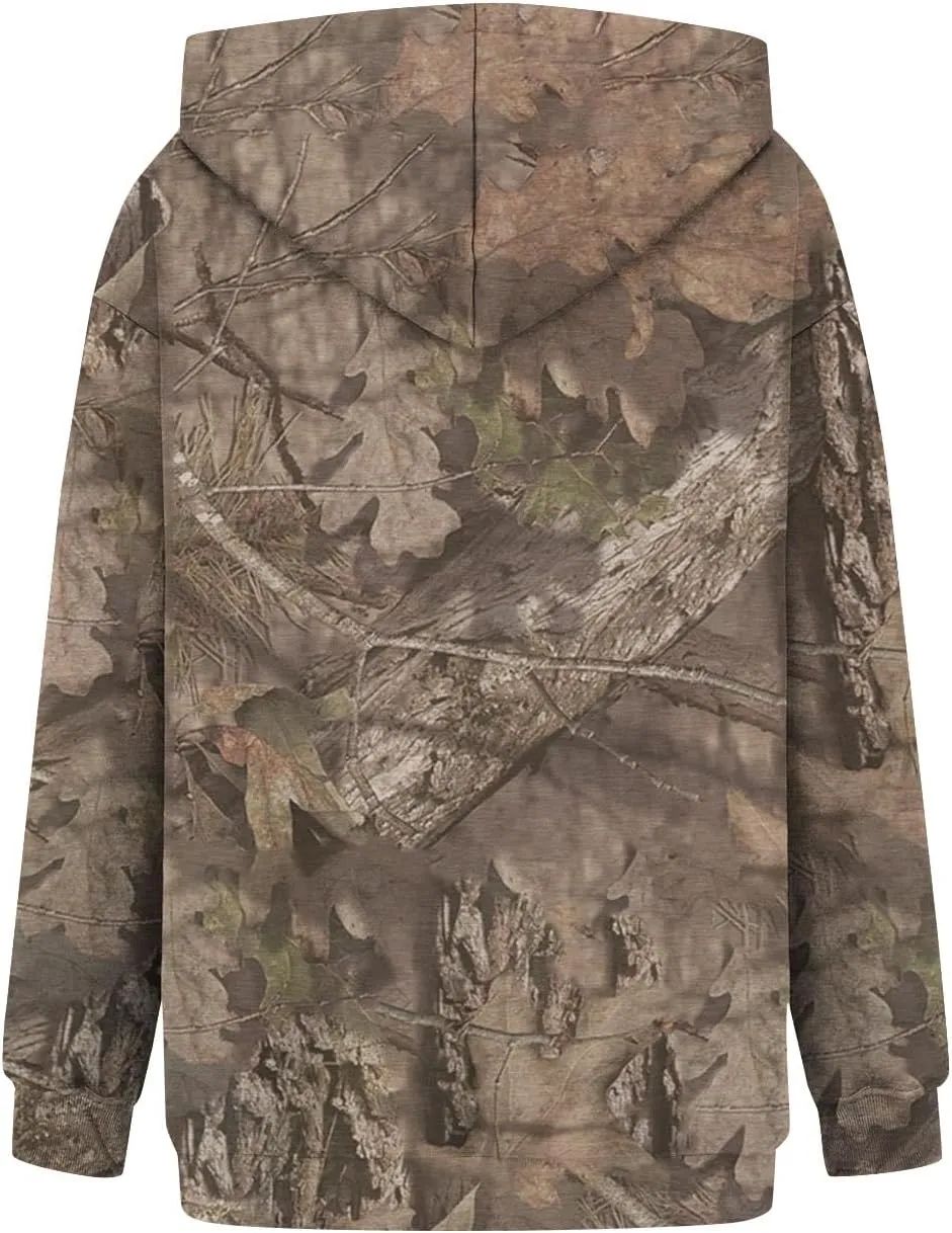 Women Camo Hoodie Maple-Leaf Print Oversized Sweatshirt Y2K Fall Fleece Hooded Sweatshirts With Kangaroo Pocket