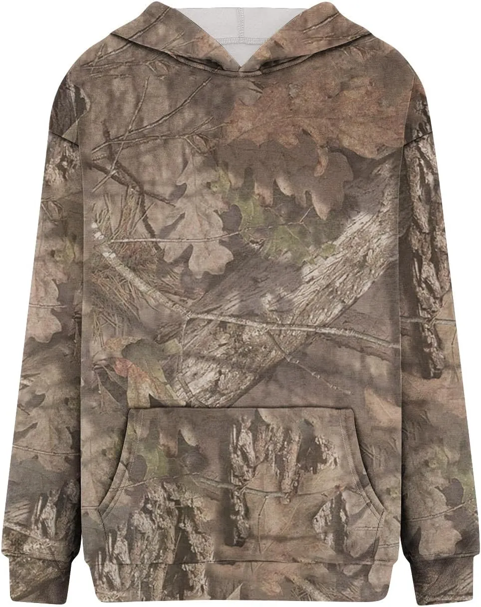 Women Camo Hoodie Maple-Leaf Print Oversized Sweatshirt Y2K Fall Fleece Hooded Sweatshirts With Kangaroo Pocket