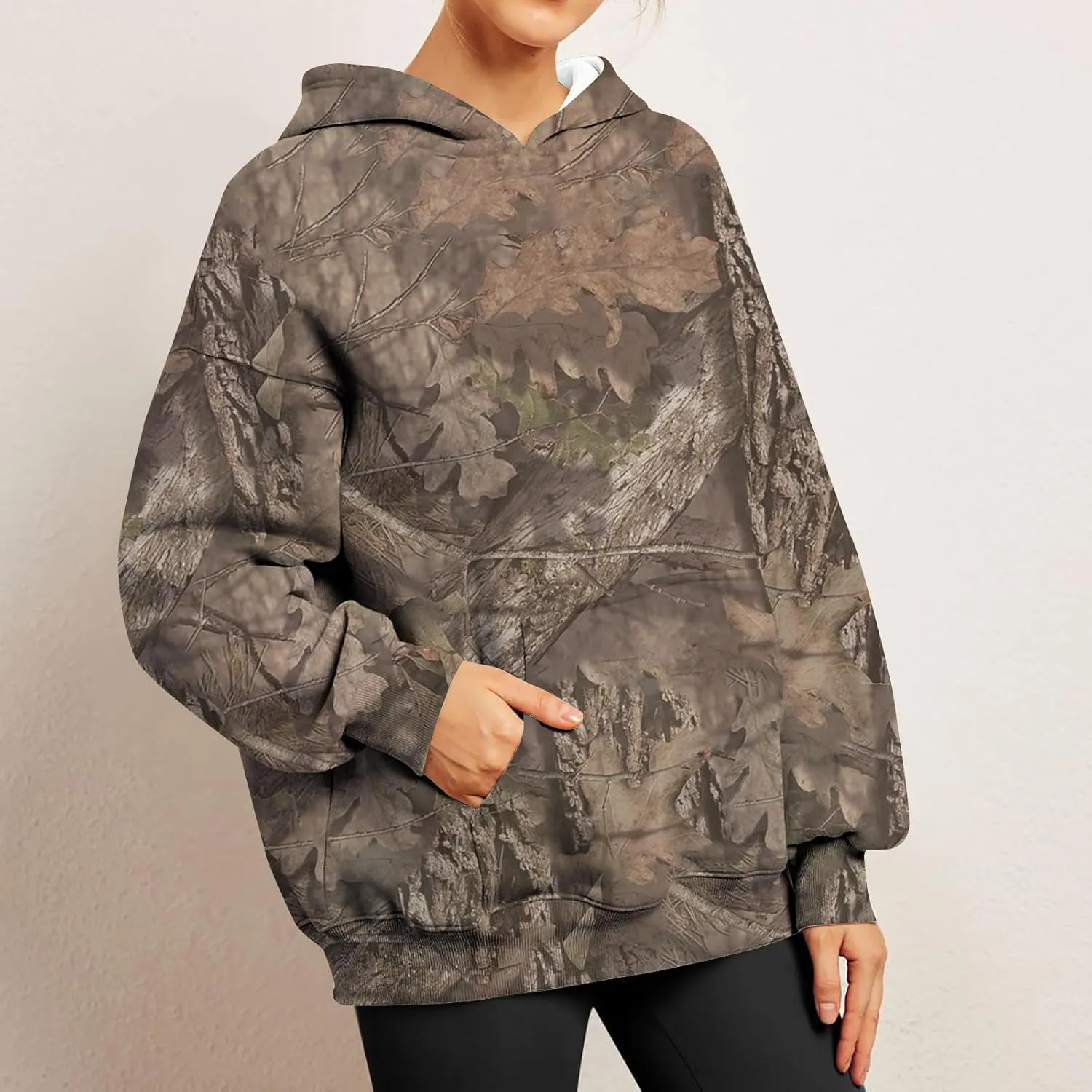 Women Camo Hoodie Maple-Leaf Print Oversized Sweatshirt Y2K Fall Fleece Hooded Sweatshirts With Kangaroo Pocket