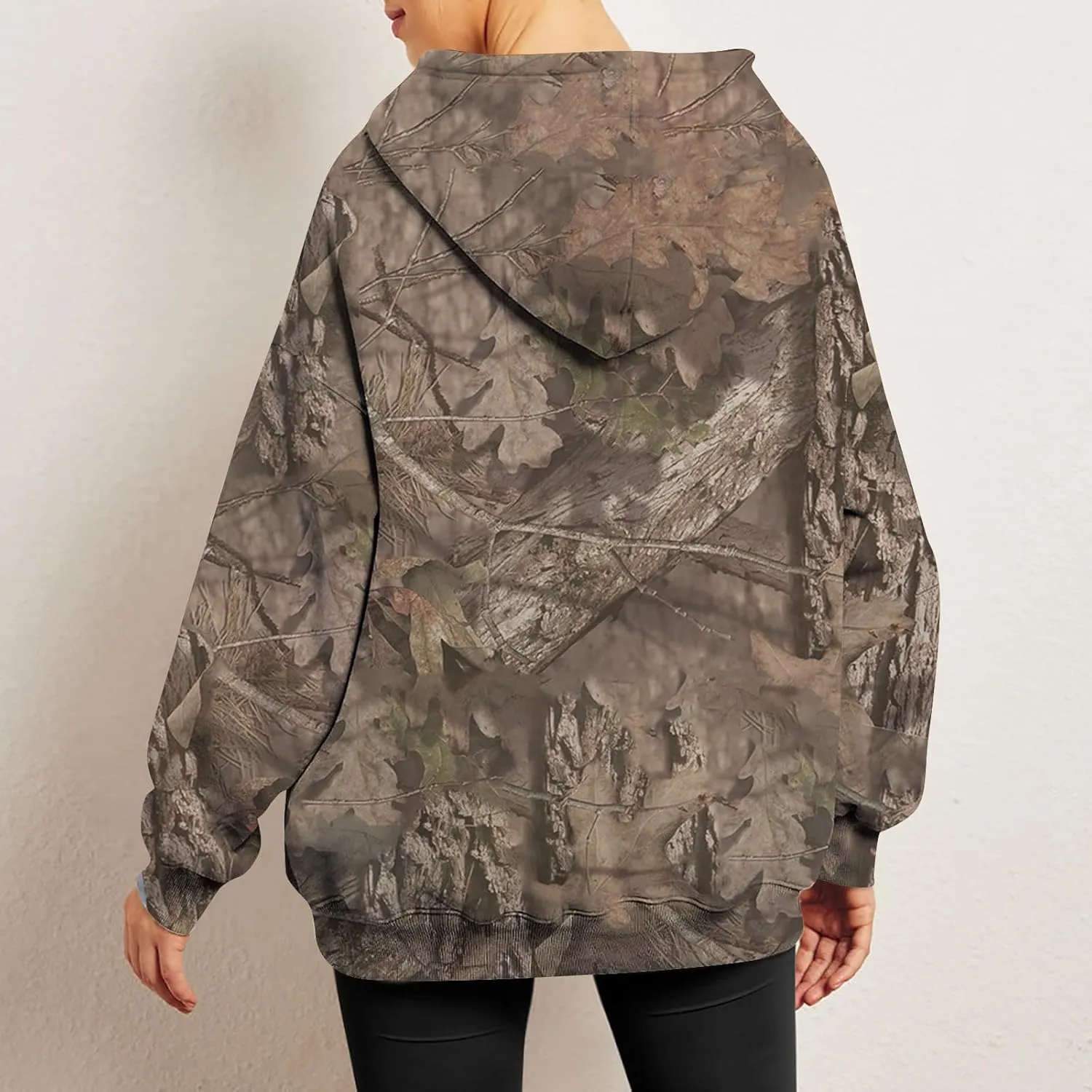 Women Camo Hoodie Maple-Leaf Print Oversized Sweatshirt Y2K Fall Fleece Hooded Sweatshirts With Kangaroo Pocket