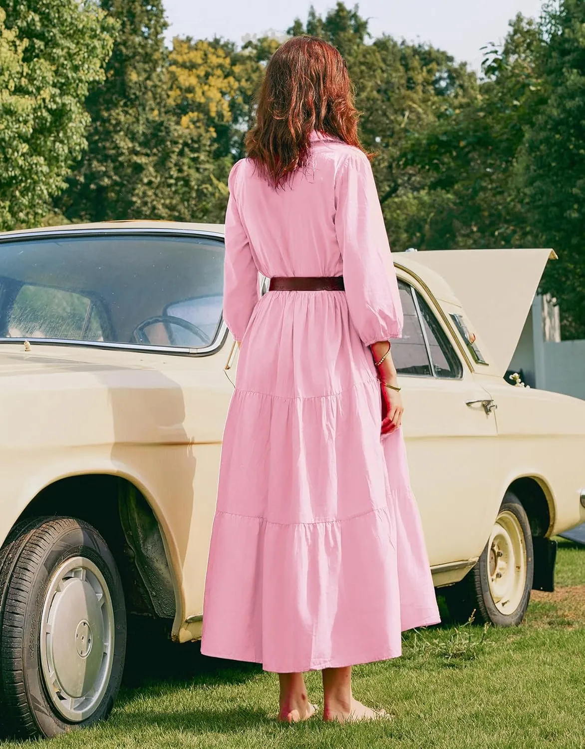 Women Flowy Maxi Shirt Dress Casual Button Down V Neck Ruffled Beach Long Dresses with Pockets