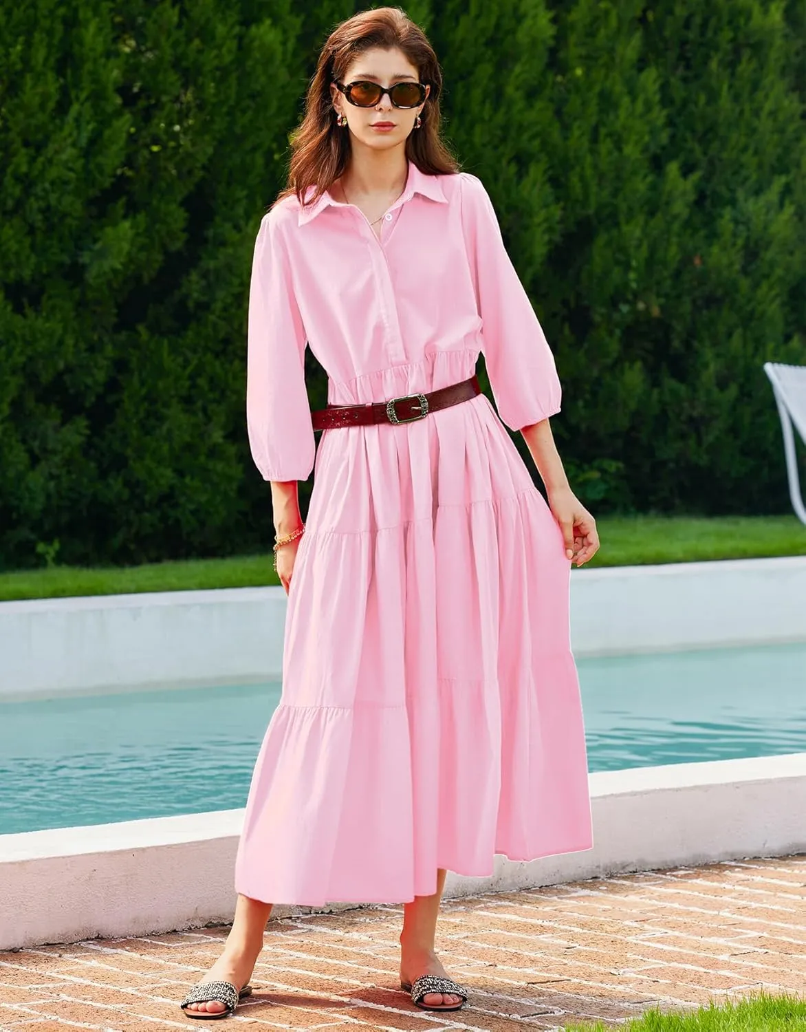 Women Flowy Maxi Shirt Dress Casual Button Down V Neck Ruffled Beach Long Dresses with Pockets