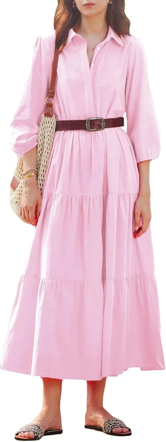Women Flowy Maxi Shirt Dress Casual Button Down V Neck Ruffled Beach Long Dresses with Pockets