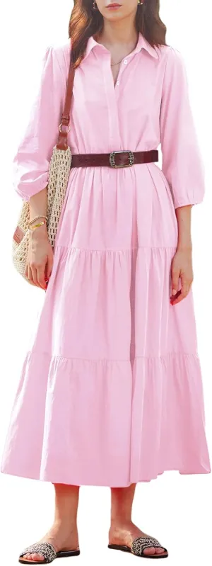 Women Flowy Maxi Shirt Dress Casual Button Down V Neck Ruffled Beach Long Dresses with Pockets