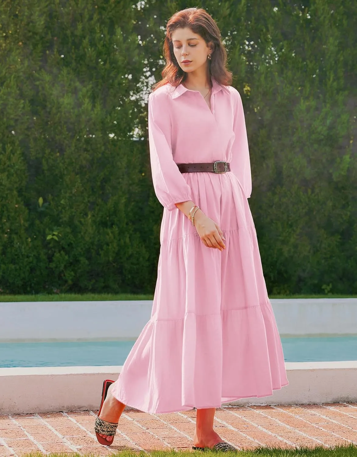 Women Flowy Maxi Shirt Dress Casual Button Down V Neck Ruffled Beach Long Dresses with Pockets