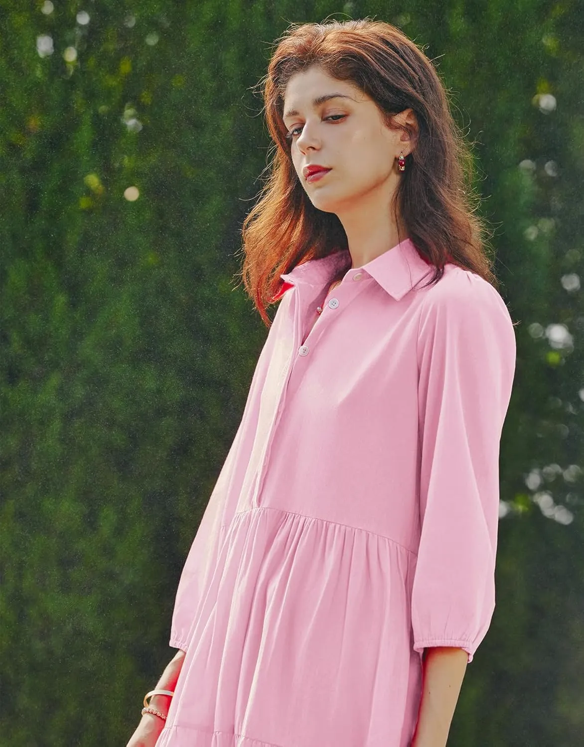 Women Flowy Maxi Shirt Dress Casual Button Down V Neck Ruffled Beach Long Dresses with Pockets