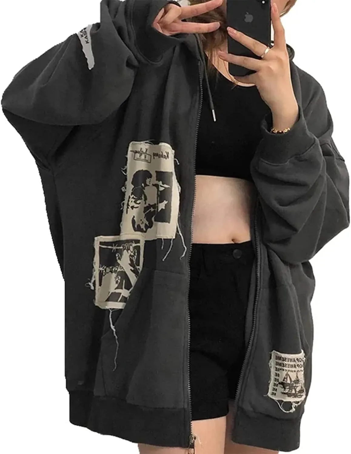 Women Girls Y2k Zip Up Hoodie Vintage Graphic Long Sleeve Oversized Jackets Harajuku Grunge Hooded Sweatshirt