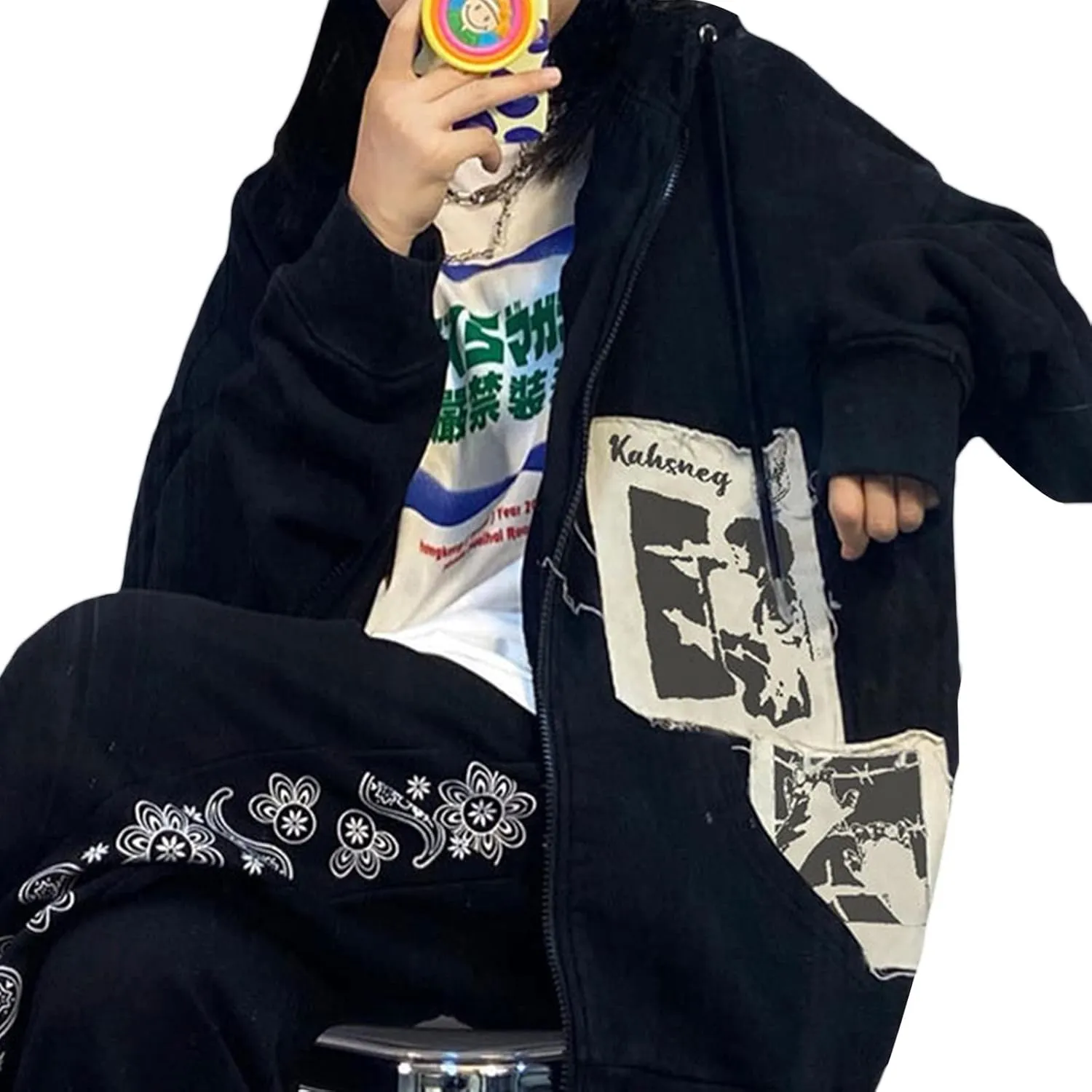 Women Girls Y2k Zip Up Hoodie Vintage Graphic Long Sleeve Oversized Jackets Harajuku Grunge Hooded Sweatshirt