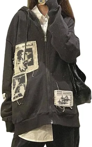 Women Girls Y2k Zip Up Hoodie Vintage Graphic Long Sleeve Oversized Jackets Harajuku Grunge Hooded Sweatshirt